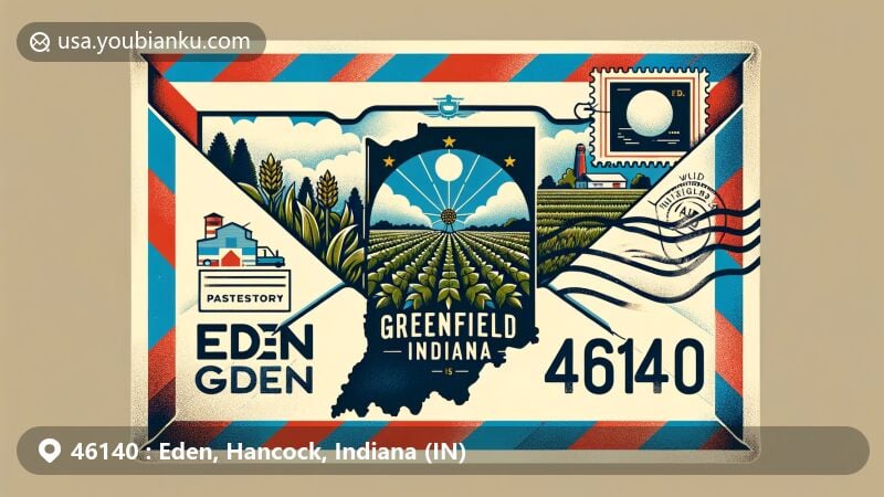 Modern illustration of Eden and Greenfield area in Hancock County, Indiana, featuring postal theme with ZIP code 46140, including Indiana state flag and iconic local elements.