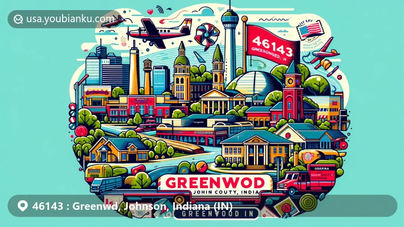Modern illustration of Greenwood, Johnson County, Indiana, featuring landmarks, geographical location, and postal theme with ZIP code 46143. Representation of Greenwood Park Mall, Electric Indianapolis Interurban Railway System, and diverse amenities like restaurants and parks.