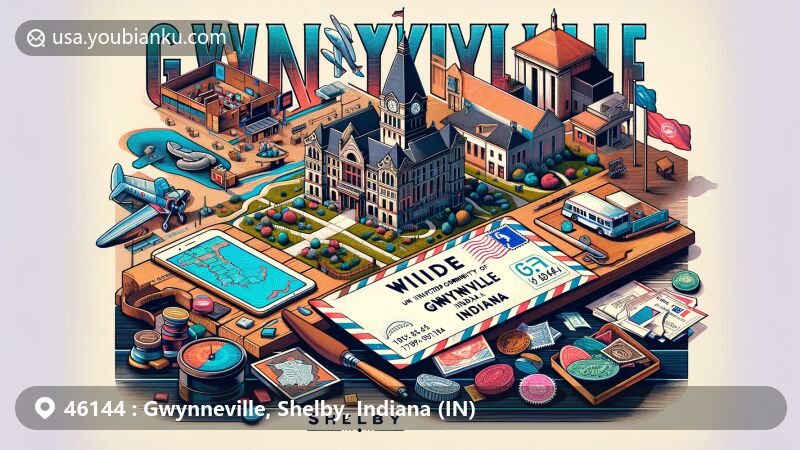 Innovative depiction of Gwynneville, Shelby County, Indiana, incorporating postal theme with ZIP code 46144, portraying local landmarks like the Shelby County Courthouse amid vibrant colors and creative design elements.