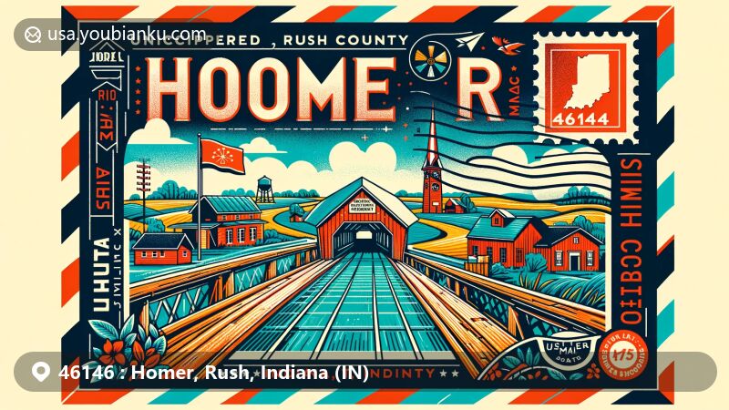 Modern illustration of Homer, Rush County, Indiana, featuring ZIP code 46146, showcasing local community spirit and rural charm with State Road 44, covered bridges, and Booker T. Washington School.