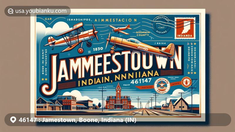 Modern illustration of Jamestown, Indiana 46147, featuring a vibrant postcard design with aviation theme envelope, Indiana state flag, Boone County outline, and visual references to transportation history.