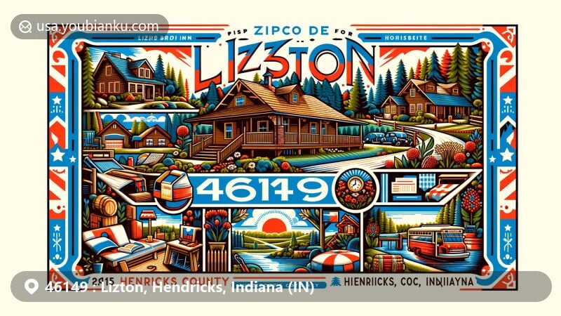 Modern illustration of Lizton, Hendricks County, Indiana, featuring the town's name, 'Lizton,' and ZIP code 46149, incorporating elements reflecting Lizton's charm and Hendricks County's natural beauty, including Lizton Lodge.