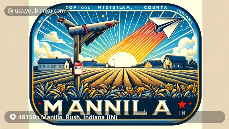 Modern illustration of Manilla, Rush County, Indiana, depicting local ZIP Code 46150 with classic American mailbox, peaceful agricultural setting, and Indiana state outline with star marking Manilla, IN.