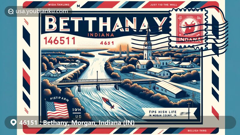 Modern illustration of Bethany, Morgan County, Indiana, representing ZIP code 46151, featuring small-town charm and connection to nature with White River motif and vintage air mail envelope background.