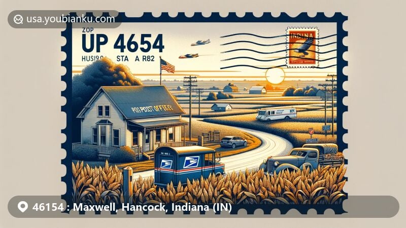 Modern illustration of Maxwell, Hancock County, Indiana, highlighting postal theme with ZIP code 46154, featuring Maxwell's post office on State Road 9 and Indiana's Midwestern landscape.