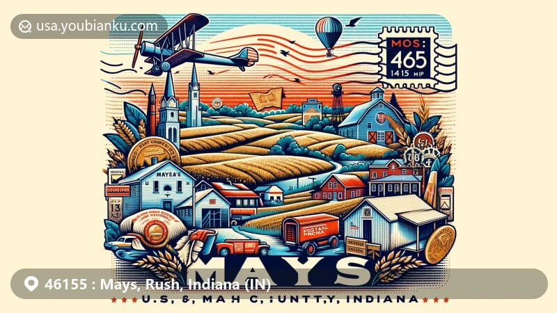 Modern illustration of Mays, Rush County, Indiana, combining postal theme with vintage air mail elements, stamps, and postmark displaying ZIP code 46155, featuring iconic symbols of Mays. Depicts lush agricultural land and traditional Midwestern architecture.