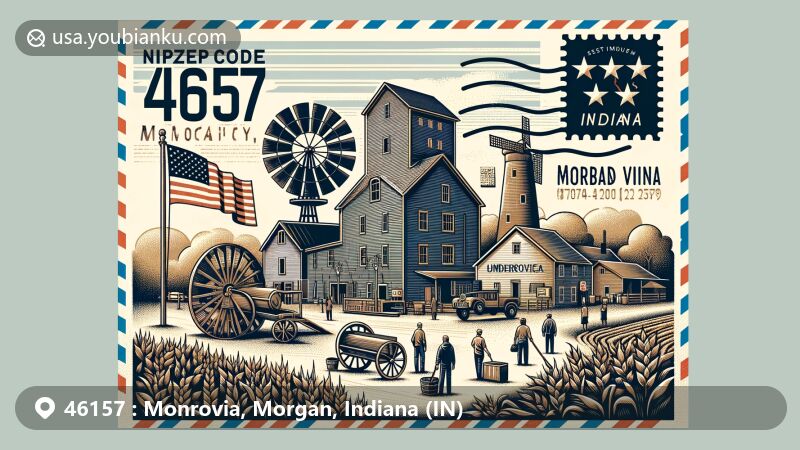 Modern illustration of Monrovia, Morgan County, Indiana, capturing ZIP code 46157 with historic Hubbard Mill as a central symbol, surrounded by contemporary agricultural elements and diverse population representation, featuring Indiana state flag and postal theme.