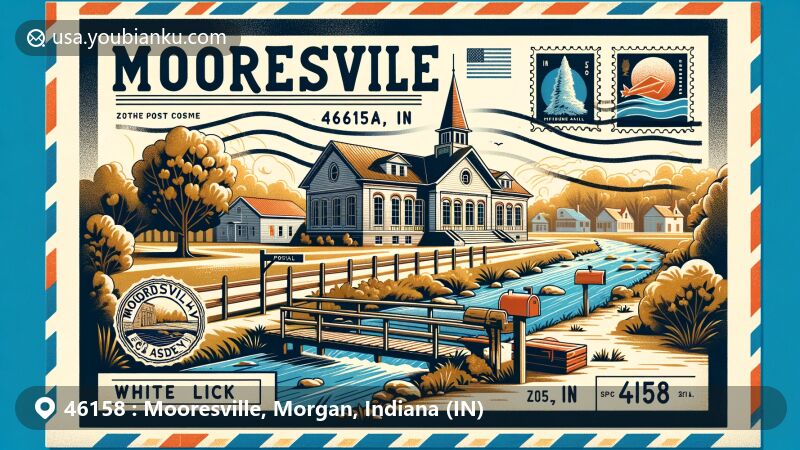 Modern illustration of Mooresville, Morgan, Indiana, showcasing postal theme with ZIP code 46158, featuring the historic Mooresville Friends Academy Building and local natural elements.
