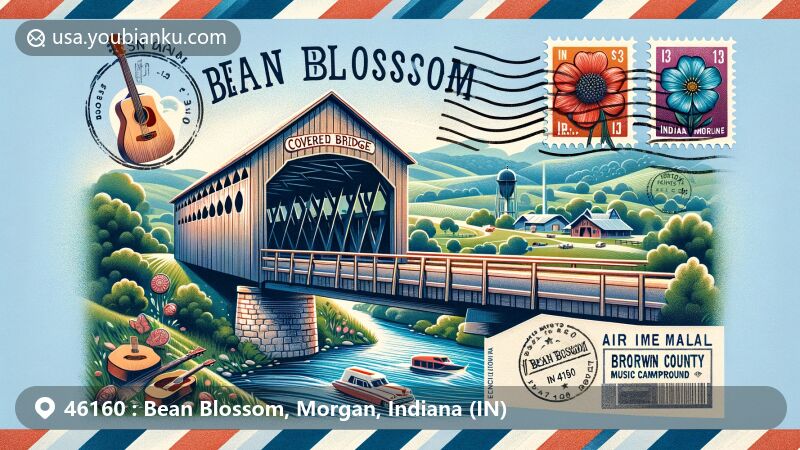 Creative illustration of Bean Blossom, Morgan County, Indiana, with highlights of Bean Blossom Covered Bridge and Bill Monroe Music Park, set in a modern style within an air mail envelope featuring postal motifs and Indiana landscapes.