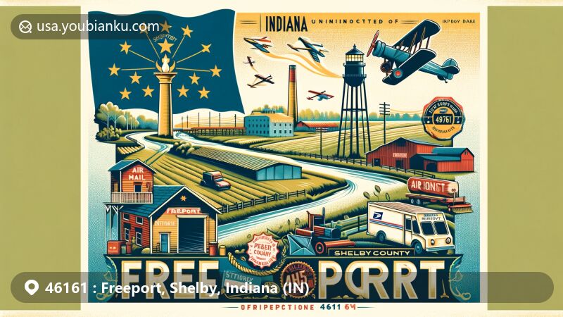 Modern illustration of Freeport, Shelby County, Indiana, capturing postal theme with ZIP code 46161, showcasing historical shipping point and agricultural landscape.