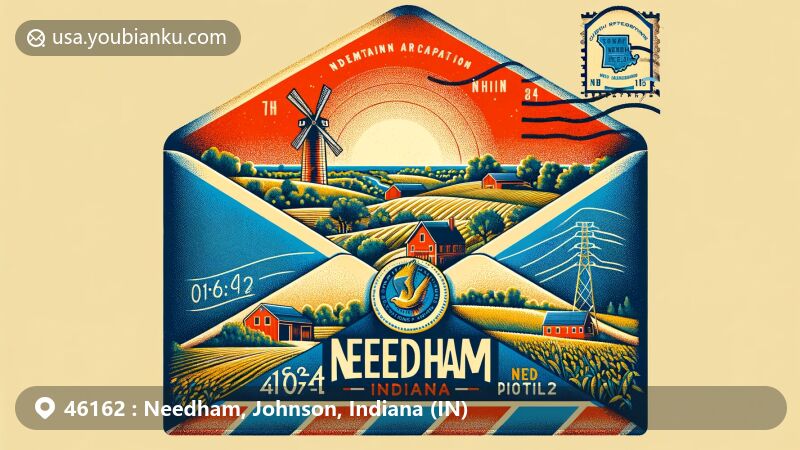 Vintage-style airmail envelope illustration representing ZIP code 46162, showcasing communication and connection, featuring key landmarks and cultural elements of Needham, Indiana, in Johnson County.