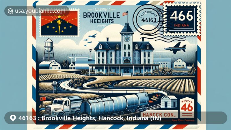 Modern illustration of Brookville Heights, Hancock County, Indiana, styled as a wide postcard featuring the Valley House Hotel, Indiana state flag, and postal elements with ZIP code 46163, showcasing the blending of agricultural and suburban landscape.