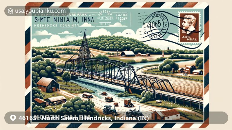 Modern illustration of McCloud Nature Park in North Salem, Indiana, capturing the beauty of the landscape and the annual Old Fashion Days festival, featuring a 100-year-old iron bridge over Big Walnut Creek, surrounded by expansive prairies, diverse wildlife, and clear streams, with postal elements like the '46165 North Salem, IN' postmark and Indiana state symbols or Hendricks County outline on stamps integrated creatively, showcasing the region's natural beauty, cultural traditions, and postal uniqueness.