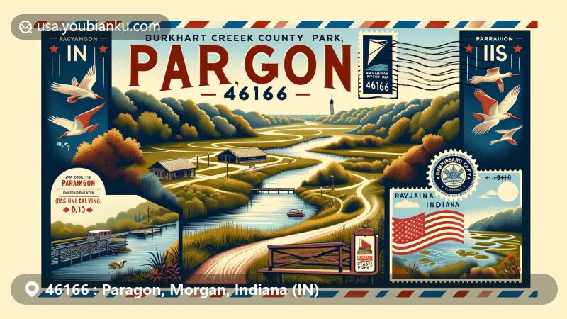 Modern illustration of Paragon, Morgan County, Indiana, highlighting Burkhart Creek County Park's natural beauty, including landscapes, wetlands, and trails, as well as Ravinia State Forest's rolling hills and valleys. Features postal elements like vintage airmail envelope, Indiana state flag stamp, and 'Paragon, IN 46166' postmark.