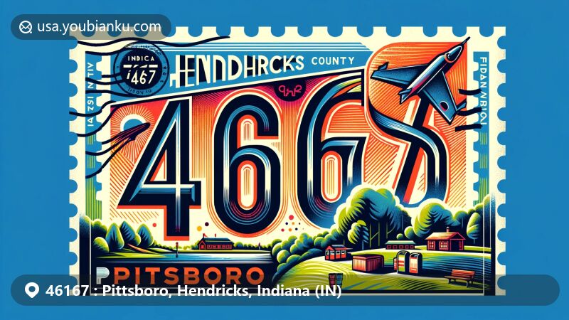Contemporary illustration of Pittsboro, Hendricks County, Indiana, capturing essence of ZIP code 46167 with postcard design, showcasing Scamahorn Park and symbolic postal elements.