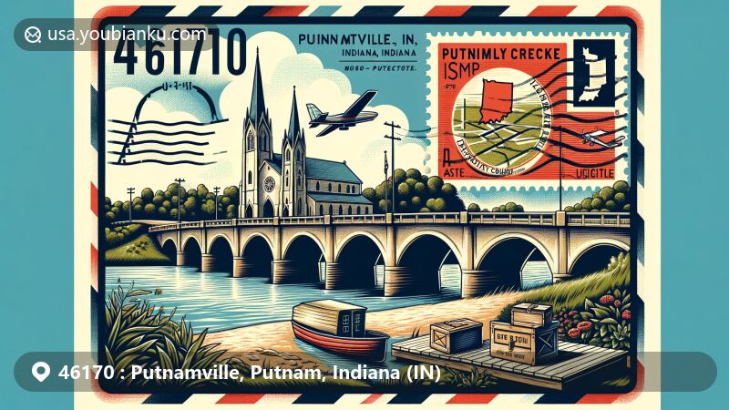 Modern illustration of Putnamville, Putnam County, Indiana, showcasing postal theme with ZIP code 46170, featuring Deer Creek Bridge, Putnamville Presbyterian Church, and Indiana state symbols.