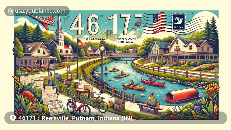 Modern illustration of Reelsville, Putnam County, Indiana, with a postal theme representing ZIP code 46171, showcasing small-town charm, outdoor activities, and Indiana state symbols.