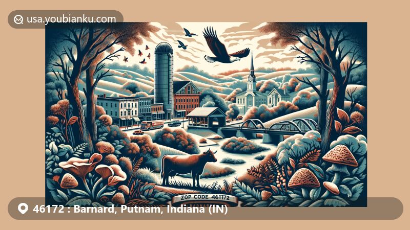 Modern illustration of Barnard, Putnam County, Indiana, featuring ZIP code 46172, showcasing Big Walnut Natural Area, Indiana's largest silo mural, and cultural symbols like American eagle, peony, and morel mushrooms.