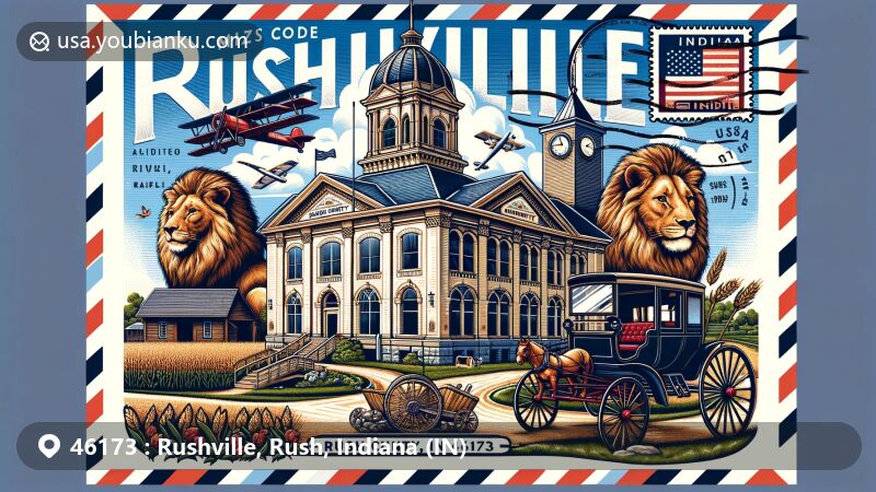 Modern illustration of Rushville, Rush County, Indiana (IN), capturing the unique local and postal elements with the Rush County Courthouse, agricultural motifs, Amish buggy, 'Lion Pride' statues, vintage air mail envelope, and Flatrock River.