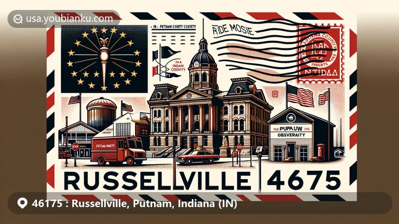 Modern illustration of Russellville, Putnam County, Indiana, emulating an airmail envelope style with Indiana state flag in the background, featuring landmarks like Putnam County Courthouse, vintage postal elements, and local symbols including DePauw University's McKim Observatory, capturing the fusion of history, architecture, and postal theme.
