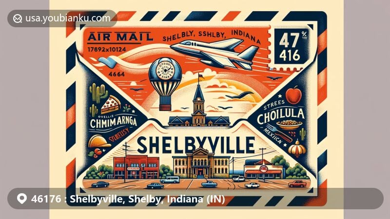 Modern illustration of Shelbyville, Shelby County, Indiana, showcasing postal theme with ZIP code 46176, featuring landmarks like Shelby County Courthouse, Grover Museum, Cholula Mexican Restaurant, and Shelby County Public Library.