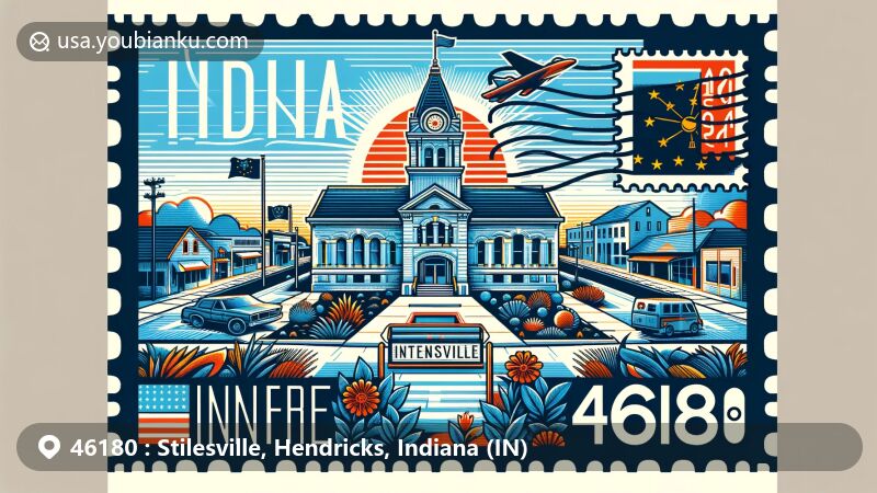Modern illustration of Stilesville, Hendricks County, Indiana, with a postal theme showcasing ZIP code 46180, featuring town hall, state flag, and local natural elements.