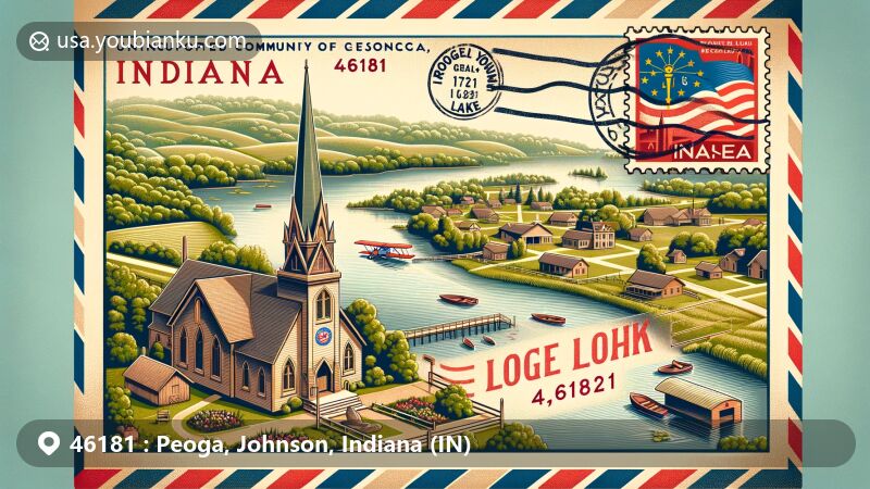 Modern illustration of Peoga, Johnson and Brown counties, Indiana, featuring Mount Olive Church, Roger Young Lake, and Peoga Lake in a vintage airmail envelope with postal theme, showcasing Indiana state flag and ZIP code 46181.
