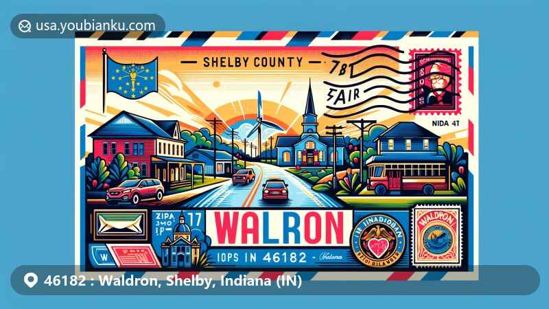 Modern illustration of Waldron, Shelby County, Indiana, showcasing postal theme with ZIP code 46182, referencing original name Stroupville, state symbols, and transition to Waldron, capturing small-town charm and rich history.