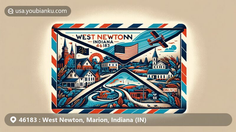Modern illustration of West Newton, Marion County, Indiana, with postal theme featuring ZIP code 46183, blending Quaker history and contemporary landmarks, set against scenic Indiana backdrop with state flag.