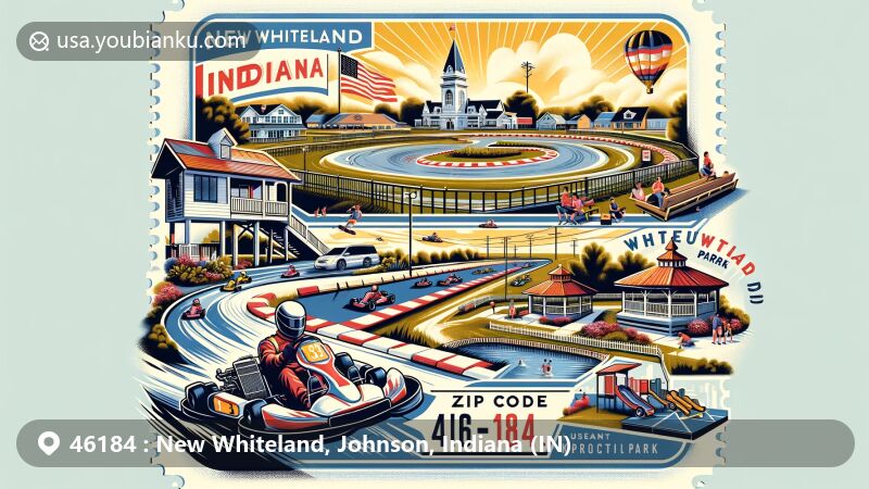 Modern illustration of New Whiteland, Johnson County, Indiana, featuring Whiteland Raceway Park and Proctor Park, showcasing go-kart racing, community spirit, and recreational amenities, with subtle postal theme and ZIP code 46184.