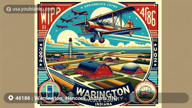 Modern illustration of Warrington, Hancock County, Indiana, merging postal elements with local landmarks and cultural features, including Walnut Leaf Farm, Frank Littleton Round Barn, vintage Lockheed PV-2 Harpoon aircraft, and Indiana state symbols.