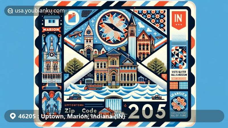 Modern illustration of Uptown Marion, Indiana, featuring a stylized airmail envelope showcasing postal theme and local landmarks like Marion Heritage Center and Museum, Granger House Cultural Center & Museum, Splash House, and Quilters Hall of Fame.