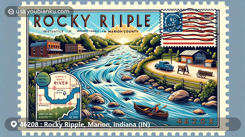 Creative postcard illustration of Rocky Ripple, Marion County, Indiana, merging postal themes with local landmarks, featuring White River, Central Canal, Butler University, and serene river scene.
