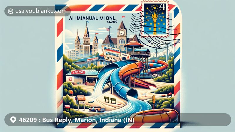 Modern illustration of Marion County, Indiana, featuring a vibrant airmail envelope with Mississinewa Riverwalk and Splash House slides, highlighted by Indiana state flag stamp and ZIP Code 46209.