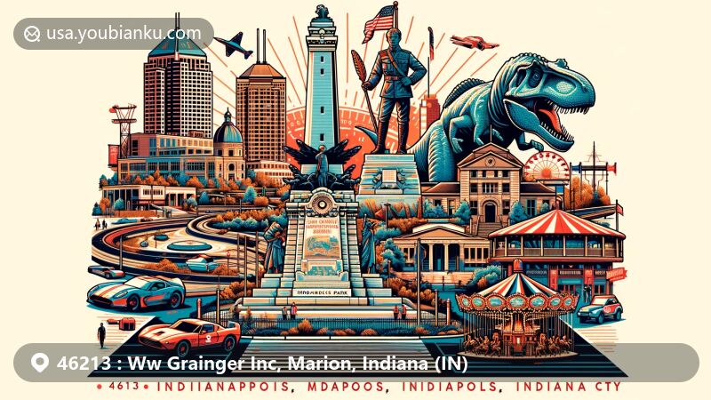 Modern illustration of Indianapolis, Marion County, Indiana, representing ZIP code 46213 with postcard design featuring iconic landmarks like Soldiers and Sailors Monument, Indianapolis Motor Speedway, Children's Museum dinosaur sculpture, Broad Ripple Park Carousel, and James Dean Birthsite Memorial.