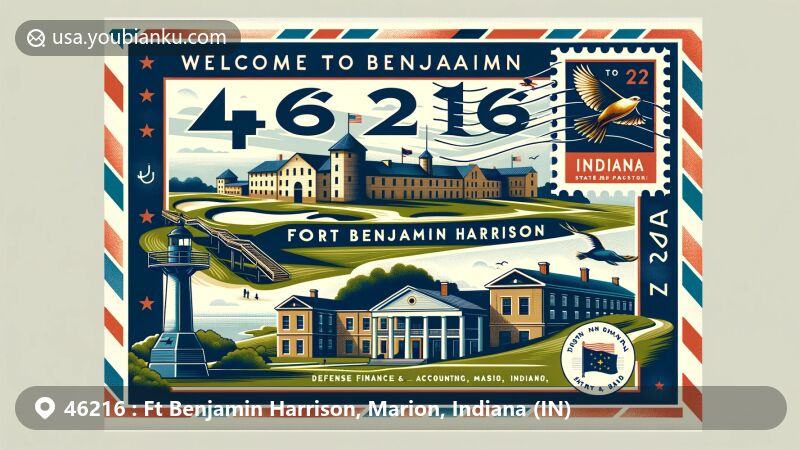 Modern illustration of Fort Benjamin Harrison, Marion, Indiana, featuring military history and present status as a state park, incorporating Colonial Revival style buildings, natural beauty, Indiana Birding Trail symbol, golf course, and Defense Finance and Accounting Service.