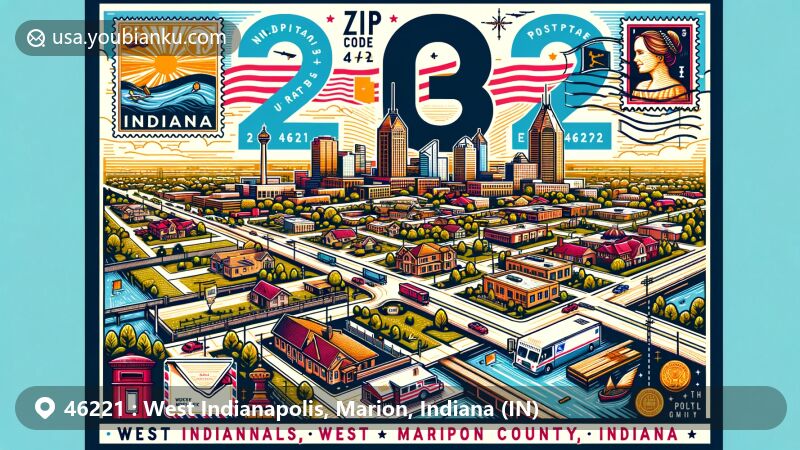 Modern illustration of West Indianapolis, Marion County, Indiana, featuring ZIP code 46221, showcasing suburban layout and local landmarks with state symbols.