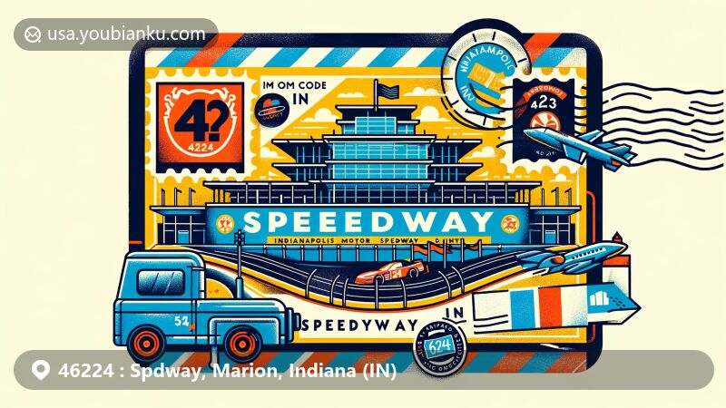 Modern illustration of Speedway, Marion, Indiana, presenting ZIP code 46224, showcasing the iconic Indianapolis Motor Speedway and vibrant community spirit, with a stylized Marion County outline and postal theme.