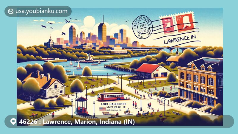 Vibrant modern illustration of Lawrence, Marion, Indiana (IN), based on ZIP code 46226, showcasing Fort Harrison State Park and community parks, with a vintage postcard layout featuring a skyline silhouette of downtown Indianapolis.