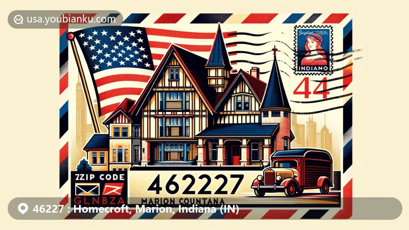 Creative illustration of Homecroft, Marion County, Indiana, combining postal theme with local symbols, showcasing 1920s architectural styles and Indiana state flag.