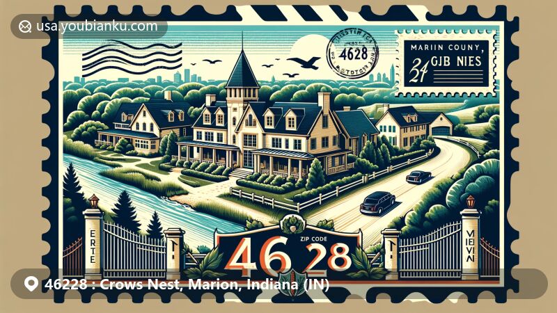 Modern illustration of Crows Nest, Marion County, Indiana, highlighting ZIP code 46228, showcasing residential character, White River proximity, and historic significance as private communities and estates.