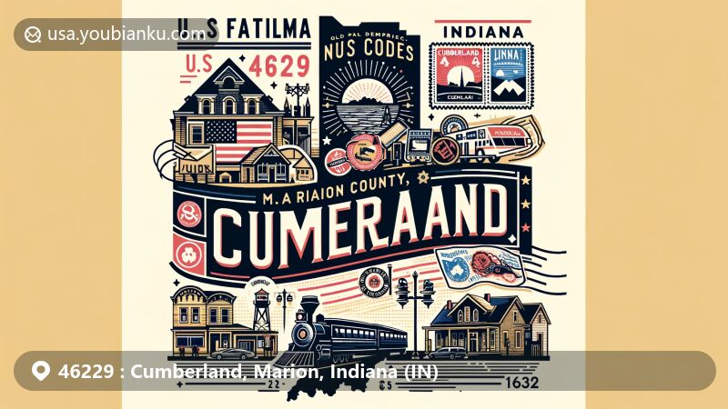 Modern illustration of Cumberland, Marion County, Indiana, highlighting historic charm and connection to the Old National Road (US 40), featuring silhouette of Indiana, outline of Marion County, and cultural symbols of Cumberland.