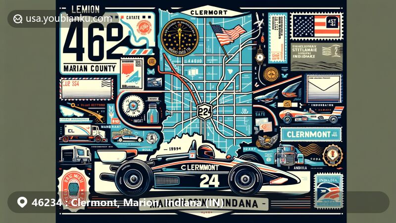 Modern illustration of Clermont, Marion County, Indiana, featuring racecar and postal theme with ZIP code 46234, showcasing state symbols and local landmarks.