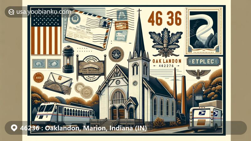 Modern illustration of Oaklandon, Marion County, Indiana, highlighting historical and cultural significance with focus on Universalist Church, vintage postal elements, and oak tree symbolism, centered around ZIP code 46236.