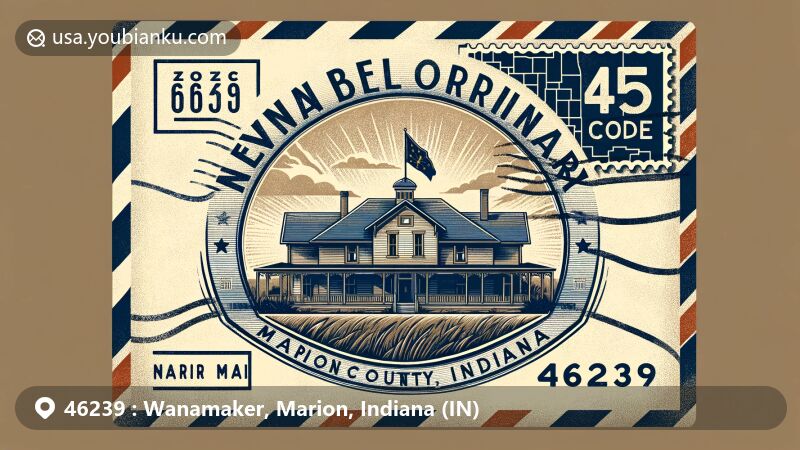 Modern illustration of Wanamaker, Marion County, Indiana, highlighting postal theme with ZIP code 46239, featuring New Bethel Ordinary restaurant and Indiana state symbols.