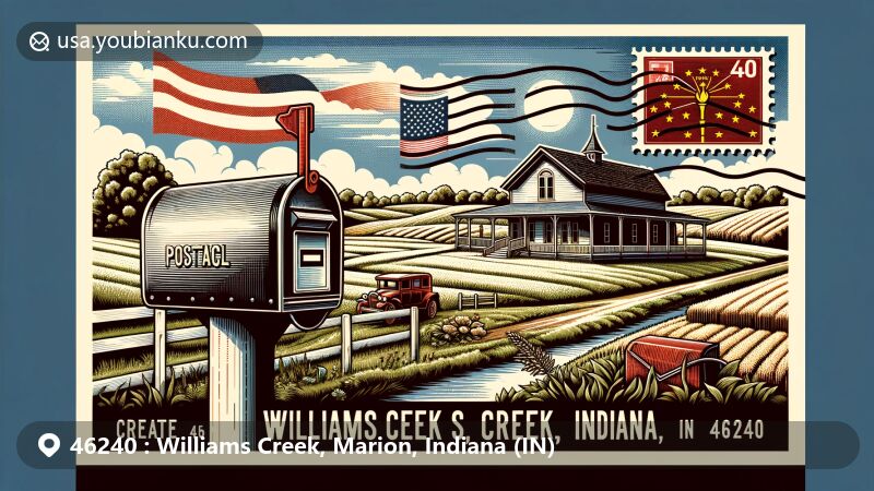 Modern illustration of Williams Creek, Marion, Indiana, showcasing postal theme with ZIP code 46240, featuring state flag, rural landscapes, historical building, mailbox, postmark, and Indiana symbol stamp.