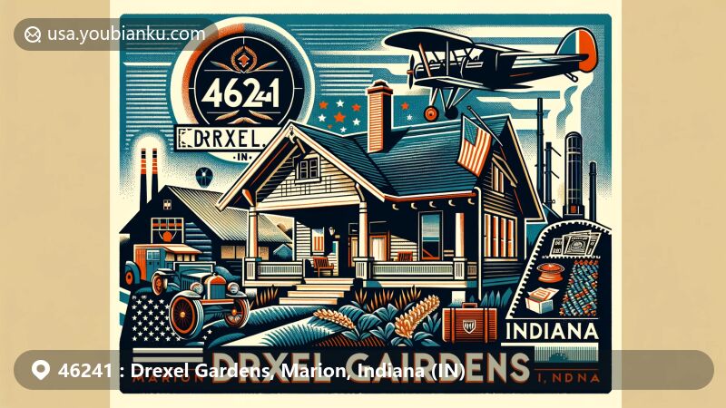 Modern illustration of Drexel Gardens, Marion County, Indiana, representing ZIP code 46241, featuring a 1920s craftsman-style bungalow, Indiana state flag, vintage postal elements, and hints of industrial and agricultural heritage.