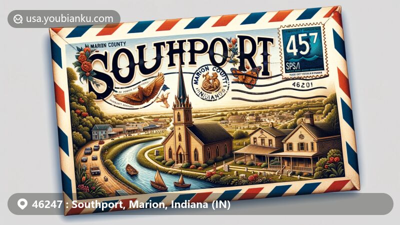 Modern illustration of Southport, Marion County, Indiana, showcasing postal theme with ZIP code 46247, featuring Big Run Baptist Church and Cemetery, Little Buck Creek, diverse community, and Indiana state pride.