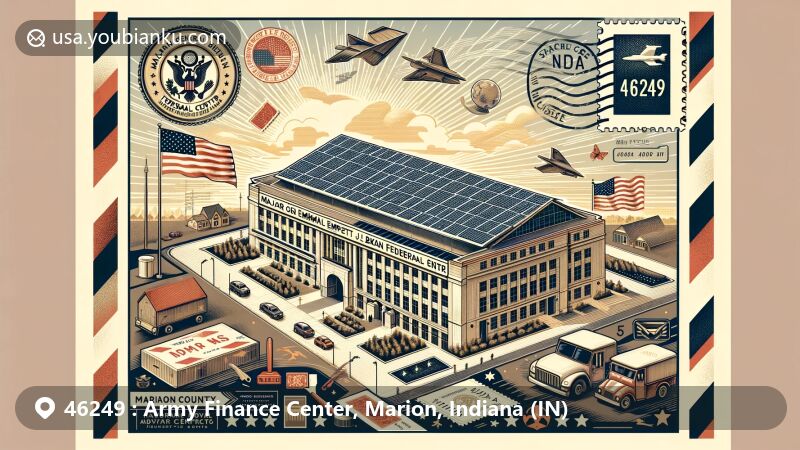 Modern illustration of Major General Emmett J. Bean Federal Center in Marion County, Indiana, featuring postal theme with ZIP code 46249, showcasing innovative solar panels, iconic architecture, and Indiana state flag elements.