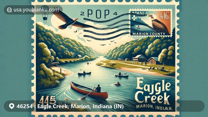 Modern illustration of Eagle Creek Park, Marion County, Indiana, featuring a postal theme with ZIP code 46254, showcasing natural beauty and outdoor activities like kayaking and bird watching.